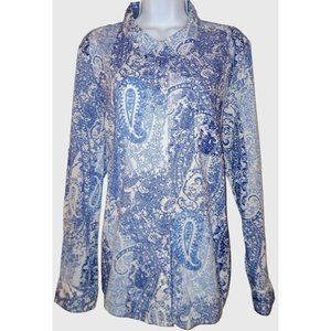 TOMMY HILFIGER X-Large White w/ Blue Paisley 100% Cotton LS Button Front Blouse